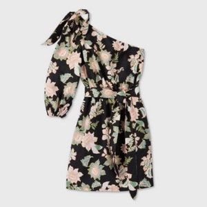 Who What Wear Black floral one shoulder dress Small